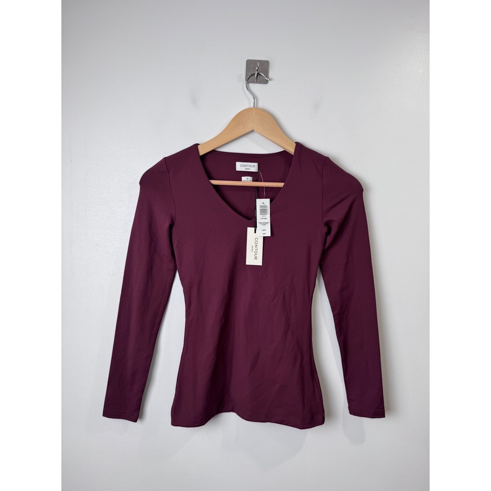 NWT Aritzia Women Burgundy Contour Fixture Long Sleeve V-Neck Top XS
